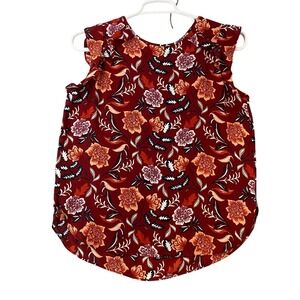 Loft Outlet Womens Burgundy Floral Ruffle Sleeveless Blouse Top Keyhole Back S